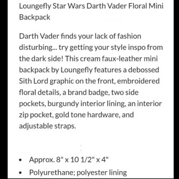 NWT Loungefly Darth Vader Floral embroideries mini backpack - Picture 9 of 16